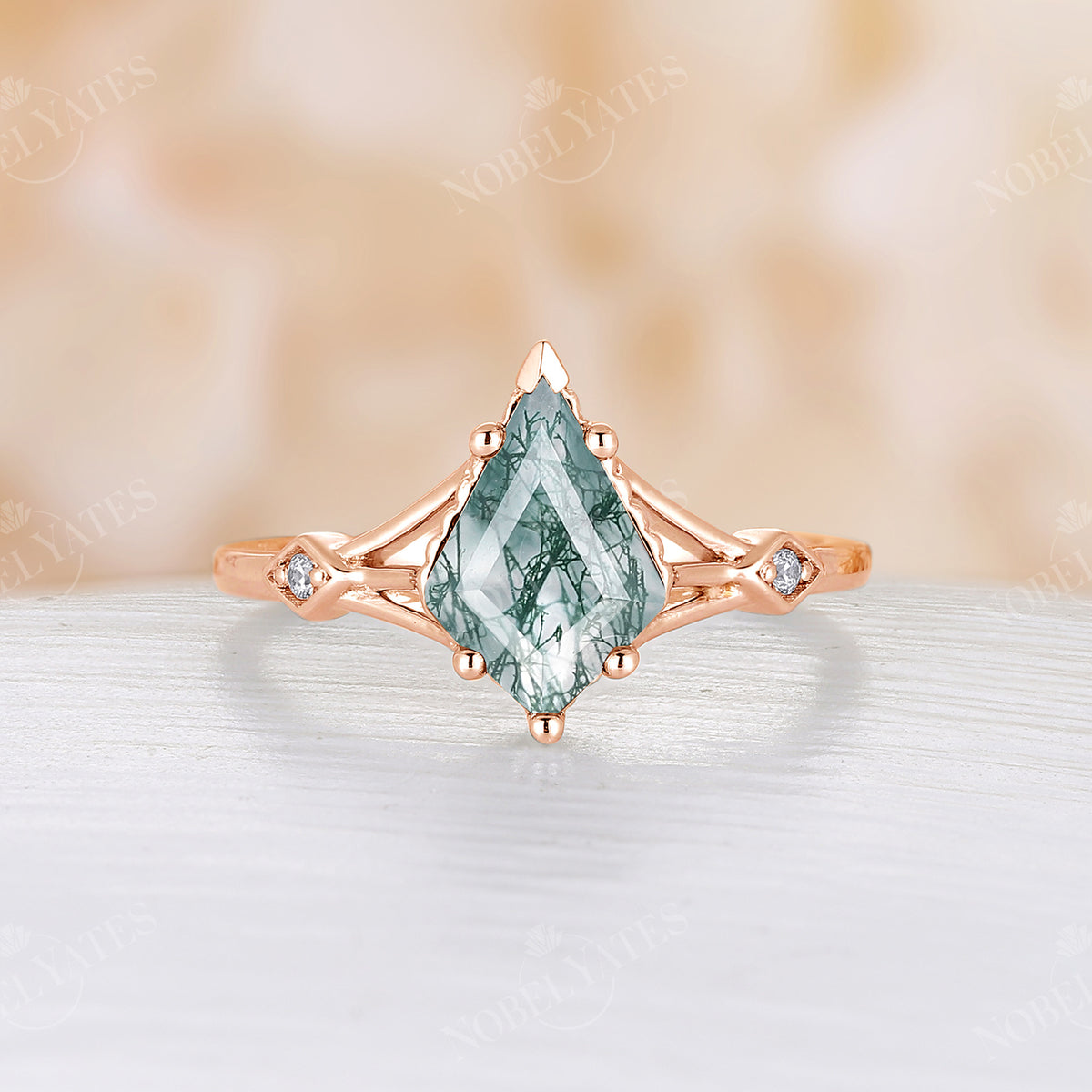 Kite Shape Moss Agate Vintage Rose Gold Engagement Ring