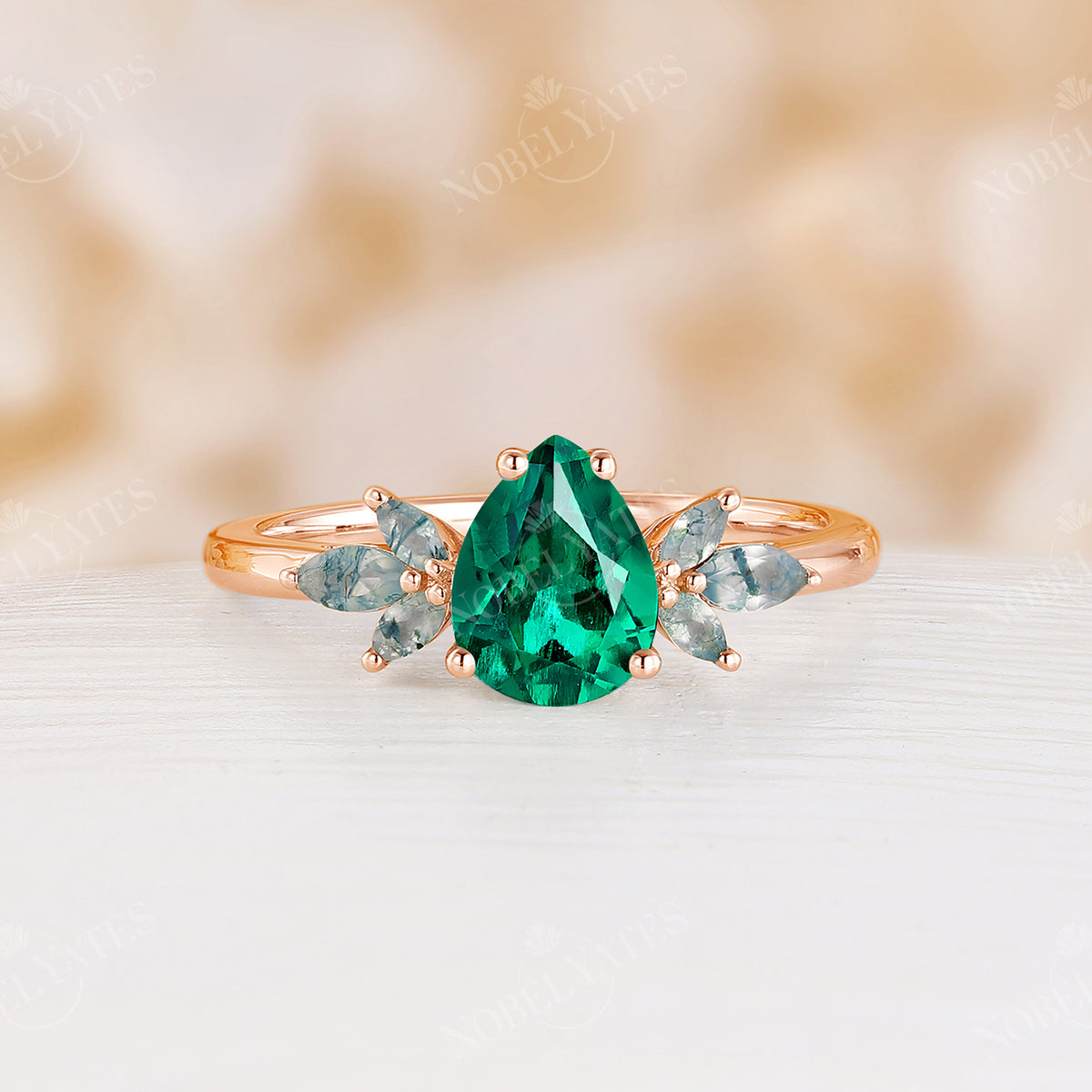 Moss Agate Pear&Marquise Leaf Rose Gold Engagement Ring