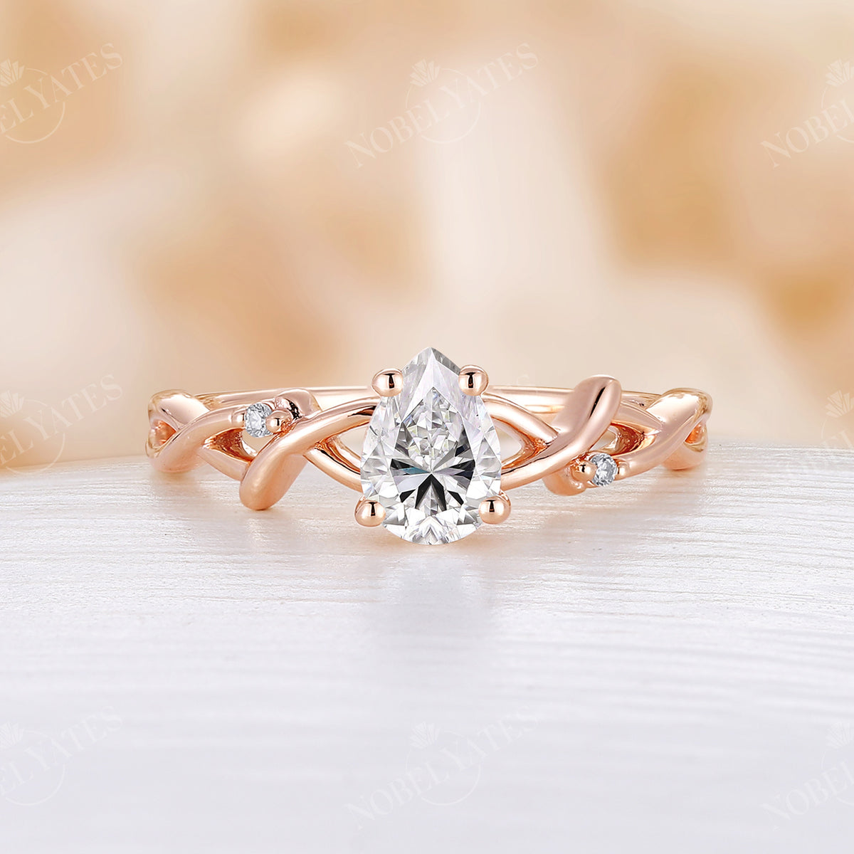 Vintage Pear Cut Moissanite Rose Gold Branch Band Engagement Ring