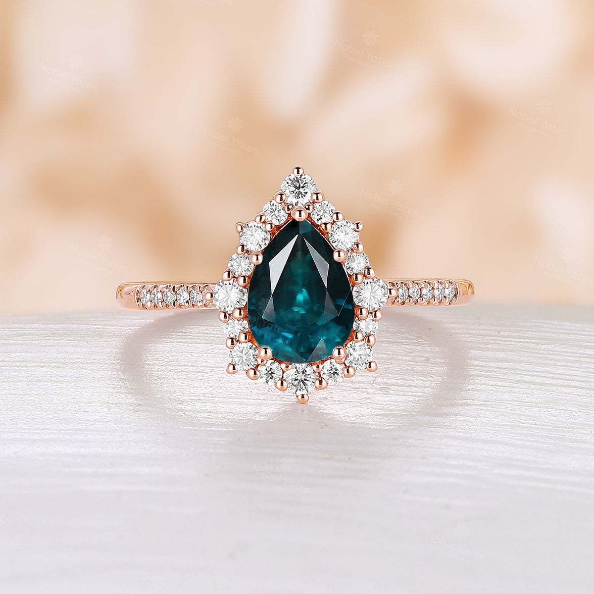 Vintage Pear shape Teal Sapphire Rose Gold Halo Engagement Ring