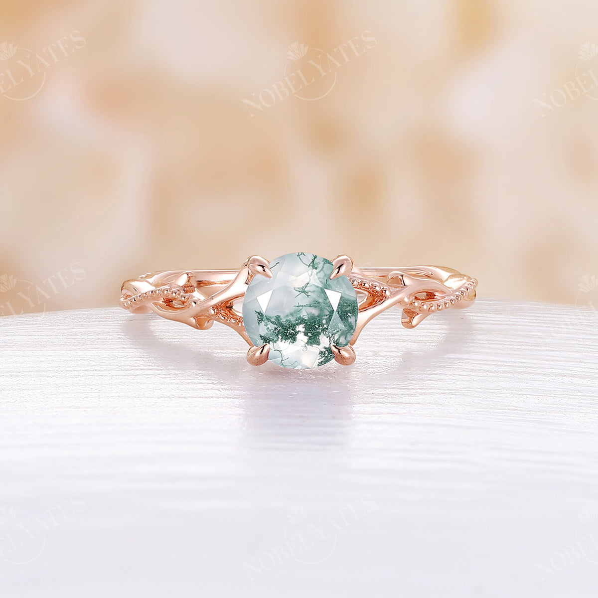 Solitaire Nature Moss Agate Engagement Ring Milgrain Branch