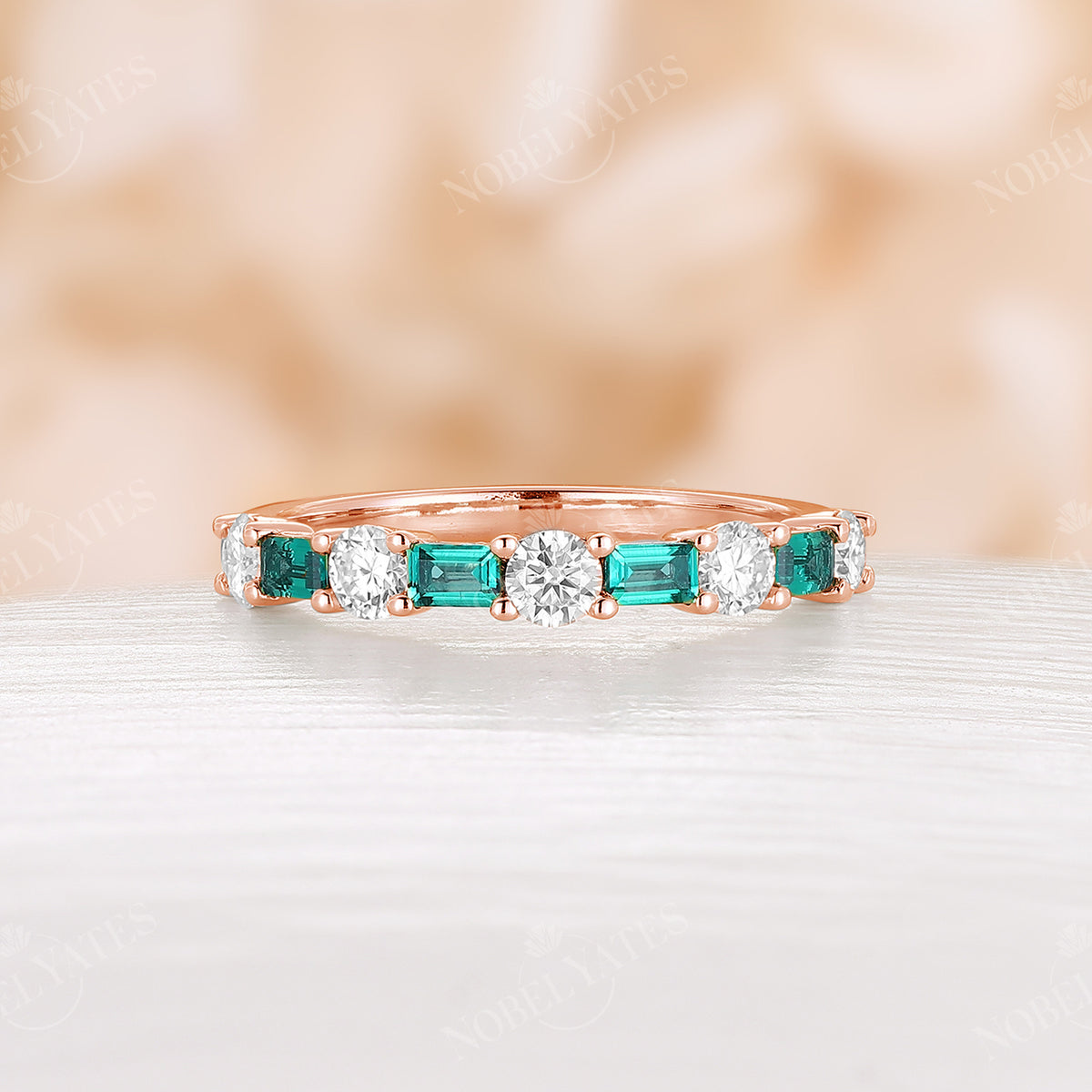 Baguette Cut Emerald Round Moissanite Rose Gold Wedding Band