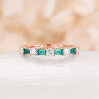 Baguette Cut Emerald Round Moissanite Rose Gold Wedding Band