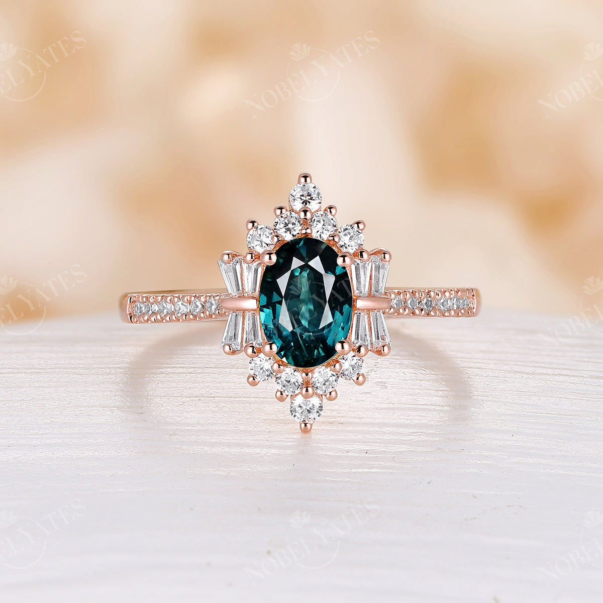Art Deco Oval Blue Green Sapphire Rose Gold Cluster Engagement Ring