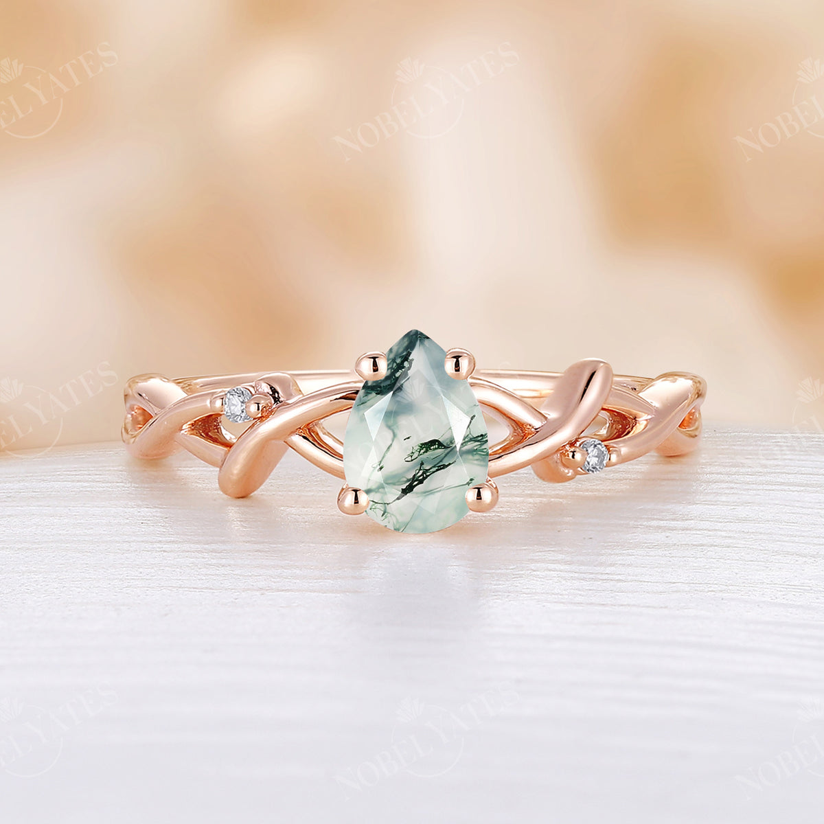 Pear Cut Moss Agate Vintage Twist Engagement Ring Rose Gold