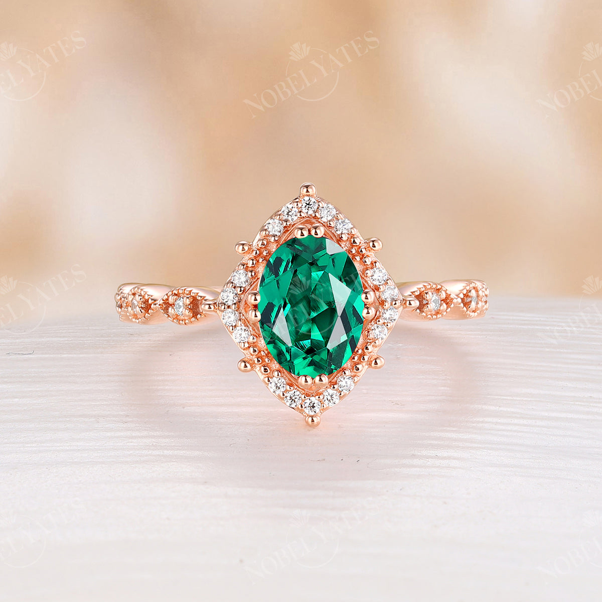 Milgrain Oval Cut Lab Emerald Engagement Ring Rose Gold Halo