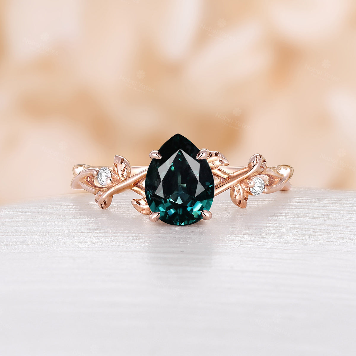 Moss Agate Pear cut Engagement Ring Leaf Design Rose Gold