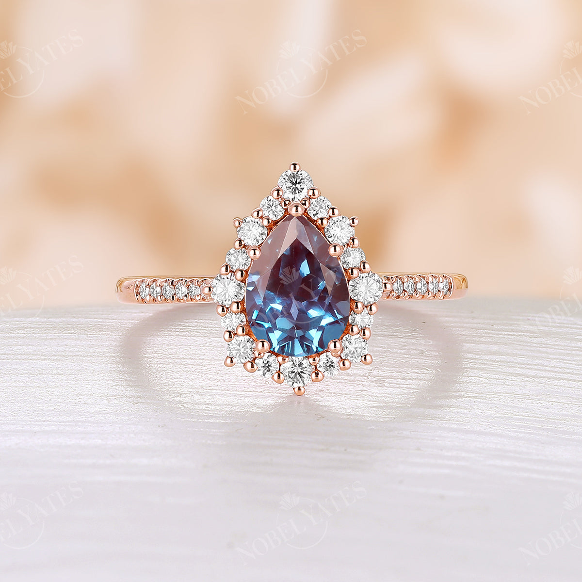 Lab Alexandrite Pear Halo Engagement Ring Rose Gold