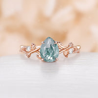 Moss Agate Pear cut Engagement Ring Leaf Design Rose Gold