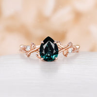 Teal Sapphire Pear cut Engagement Ring Leaf Design Rose Gold