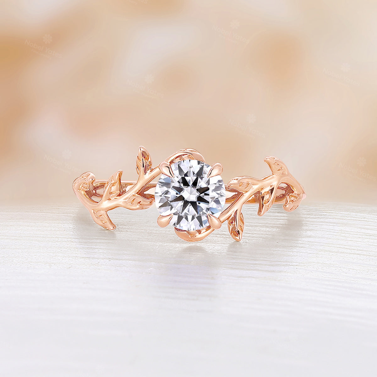 Solitaire Moissanite Engagement Ring Leaf Design Rose Gold