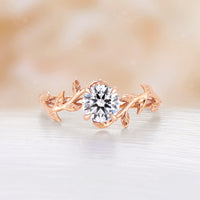 Solitaire Moissanite Engagement Ring Leaf Design Rose Gold