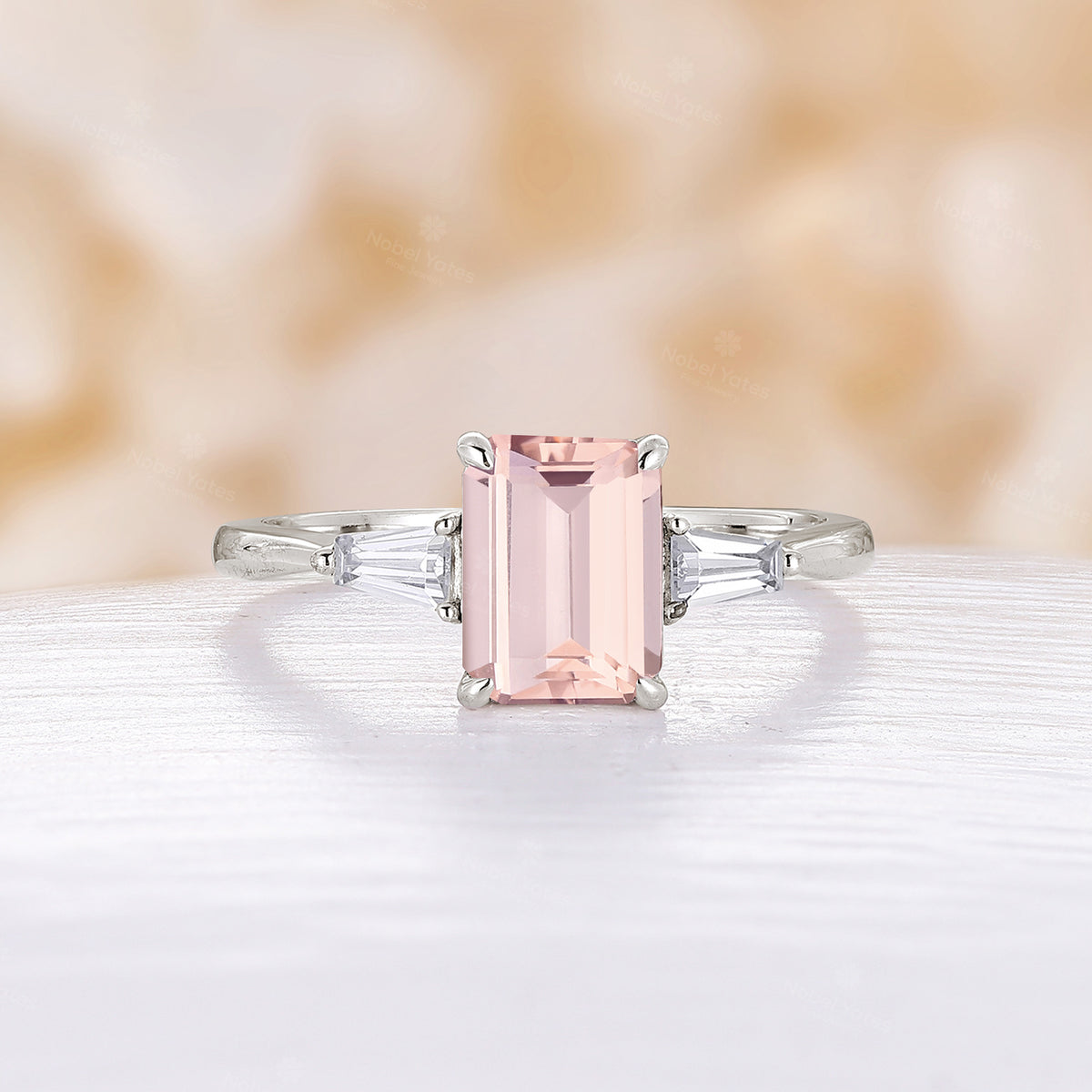 Emerald Cut Pink Morganite Engagement Ring Three Stones Art Deco