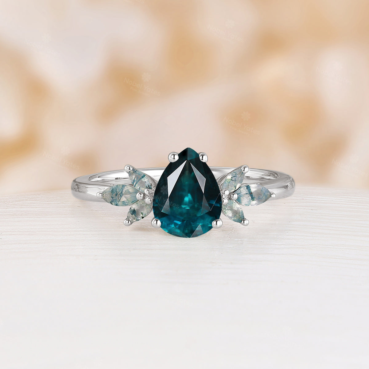 Teal Sapphire Pear&Marquise Nature Inspired Engagement Ring Rose Gold