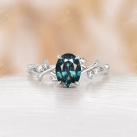Oval Blue Green Sapphire Leaf Desgn Engagement Ring Rose Gold