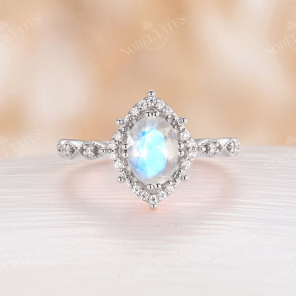 Vintage Teal Sapphire Engagement Ring Oval Milgrain White Gold