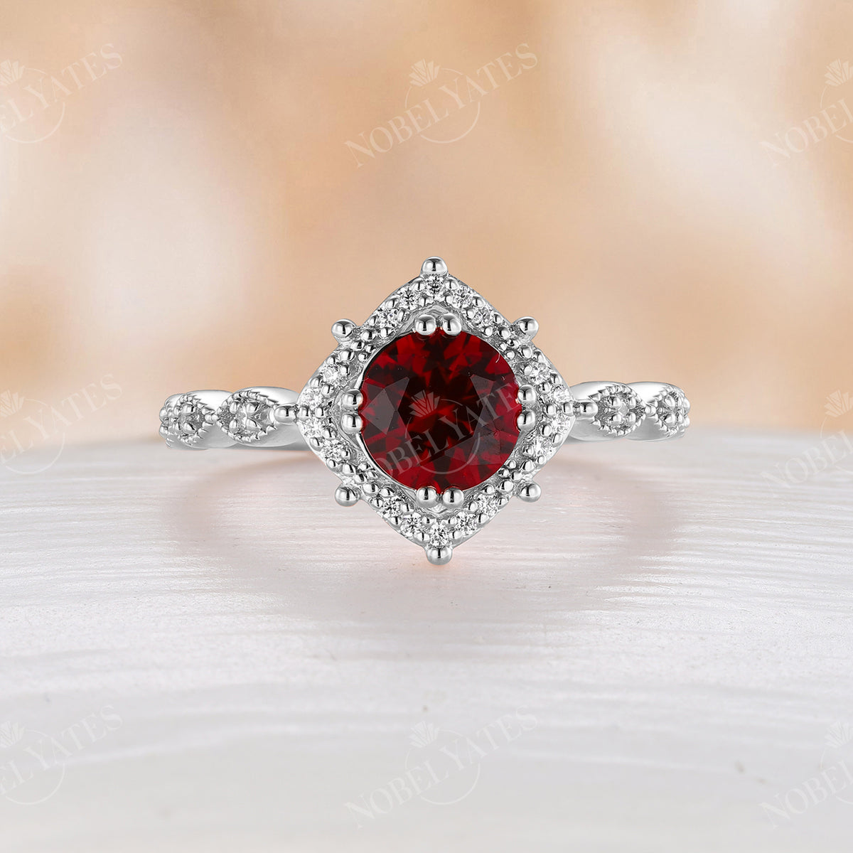 Round Lab Ruby Moissanite Halo Engagement Ring Vintage Band