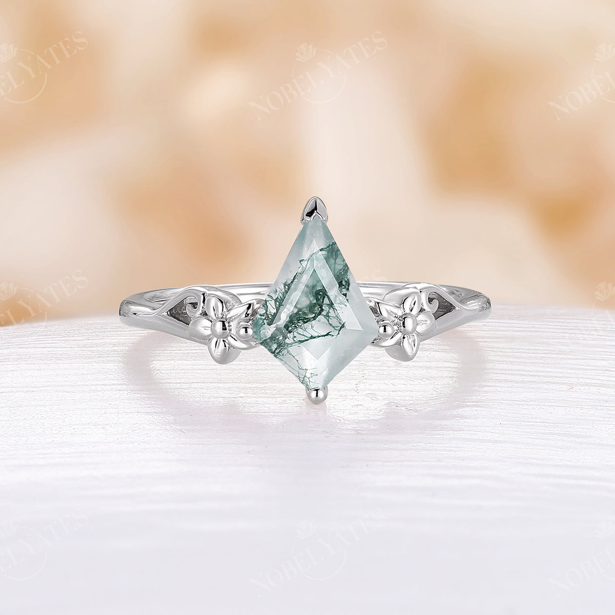 Kite Shape Solitaire Moss Agate Nature Flower Engagement Ring