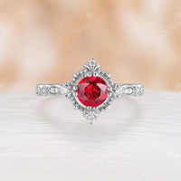 Vintage Lab Ruby Round Shape Engagement Ring Rose Gold Band