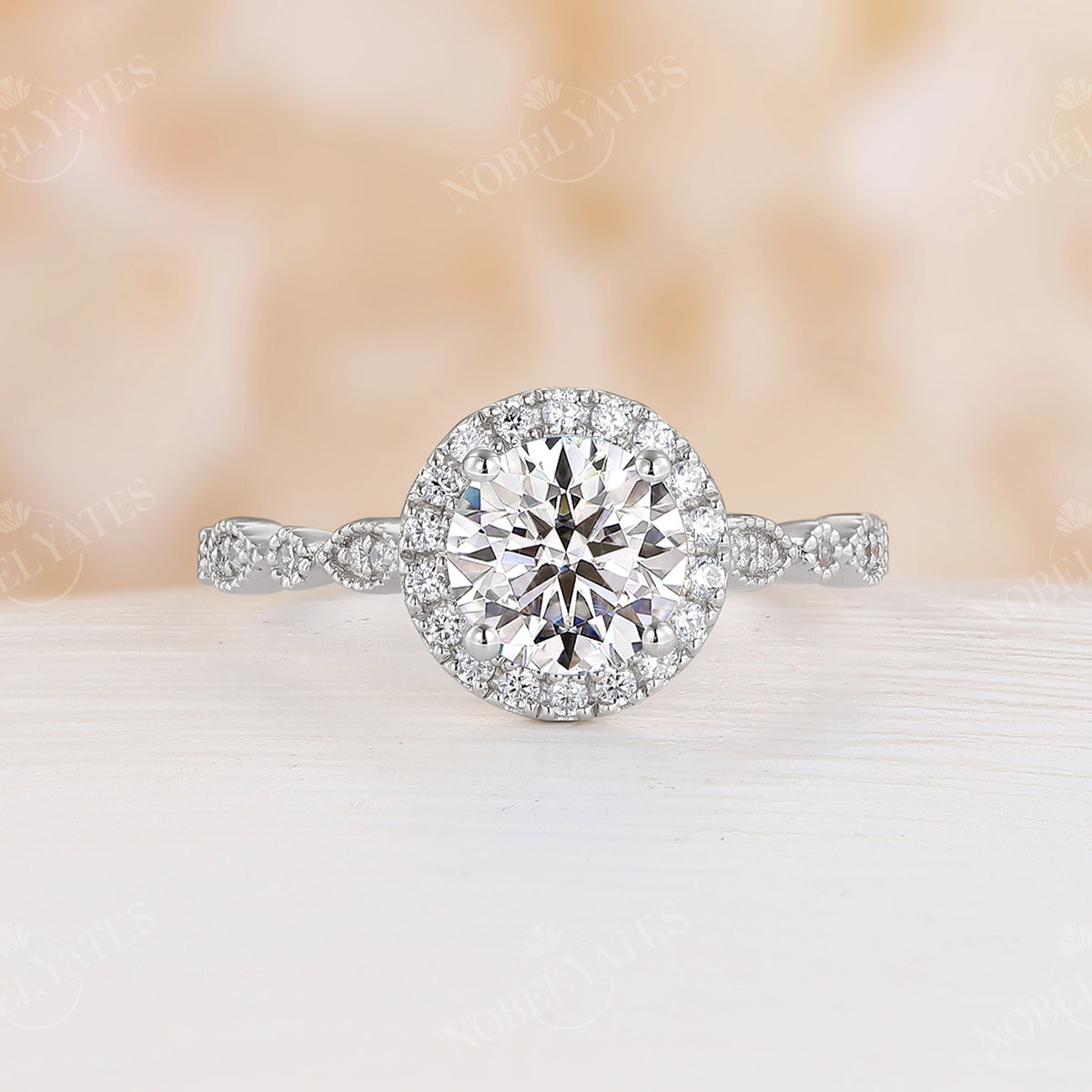 Vintage Round Moissanite Halo Engagement Ring Side Stone Rose Gold