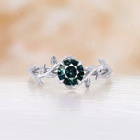 Round Teal Sapphire Engagement Ring Nature Inspired Bypass Solitaire