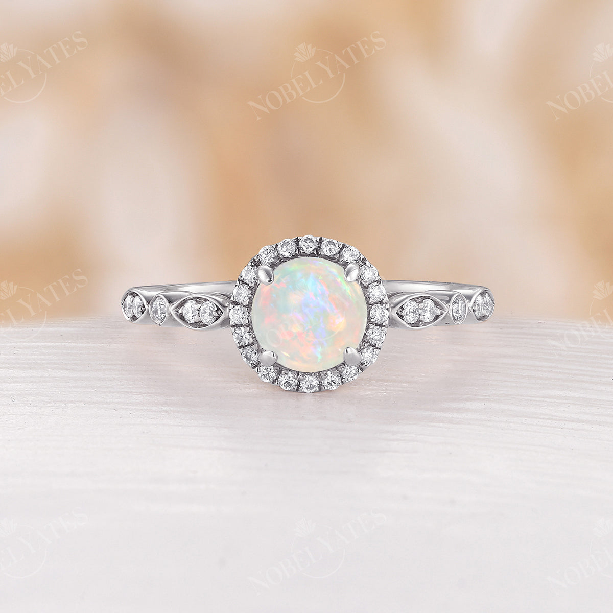 Vintage Round Opal Engagement Ring Halo Diamond Rose Gold