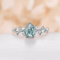 Moss Agate Pear cut Engagement Ring Leaf Design Rose Gold