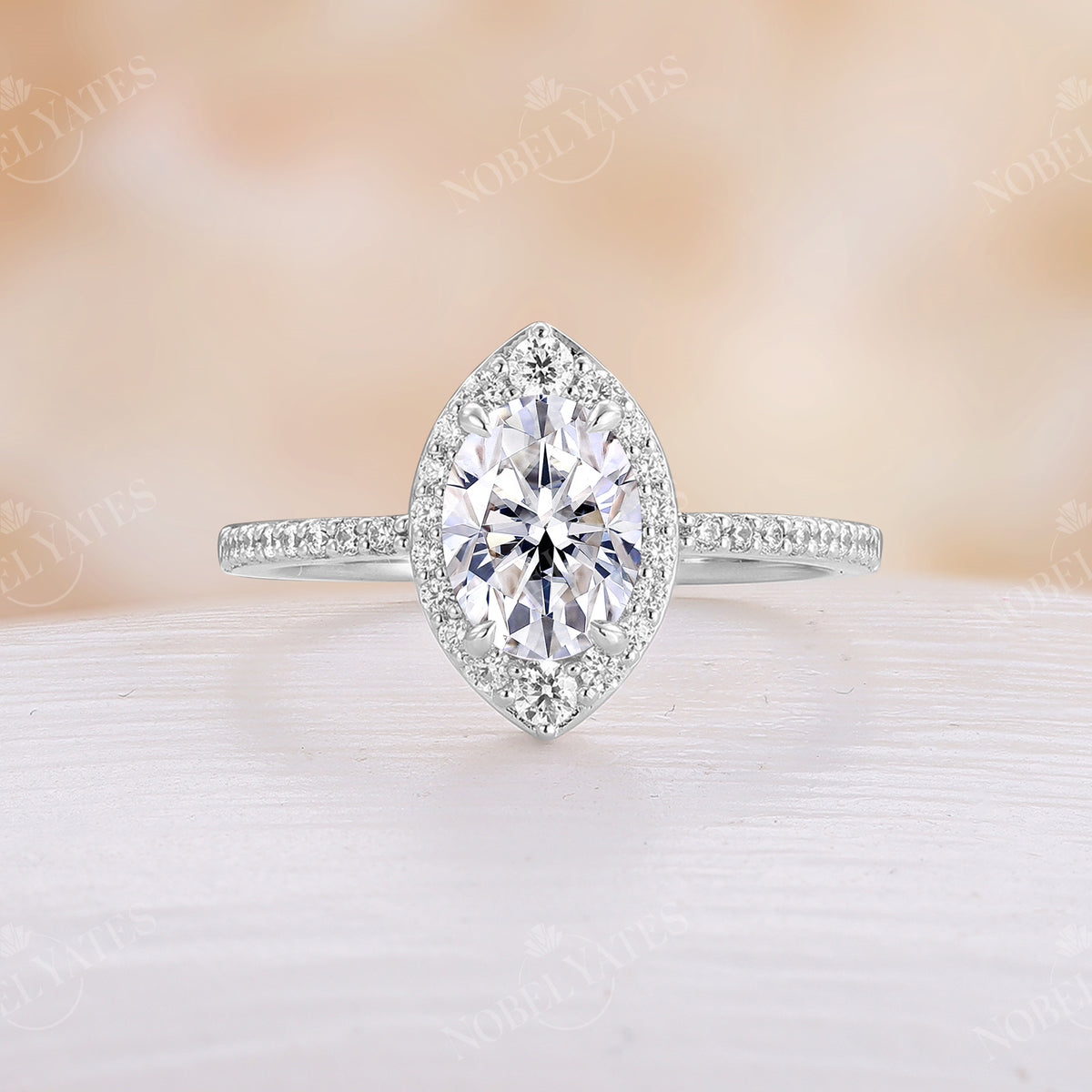 Claw Prong Oval Moonstone Engagement Ring Moissanite Halo Pave Band
