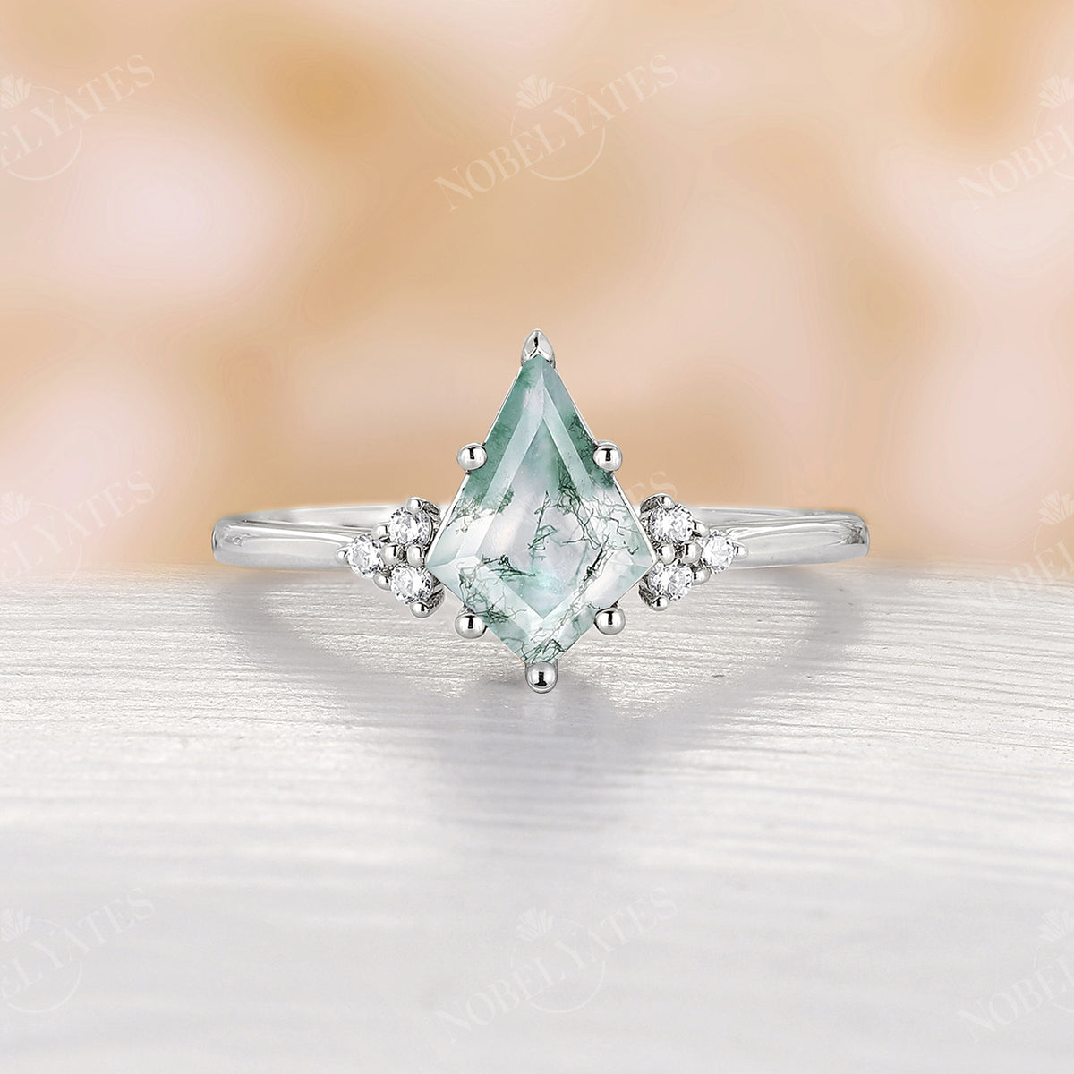 Moss Agate & Diamond Kite Cut Engagement Ring Rose Gold
