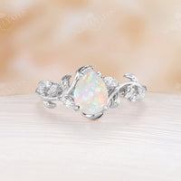 Natural White Opal Pear Cut Engagement Ring Leaf And Moissanite Band