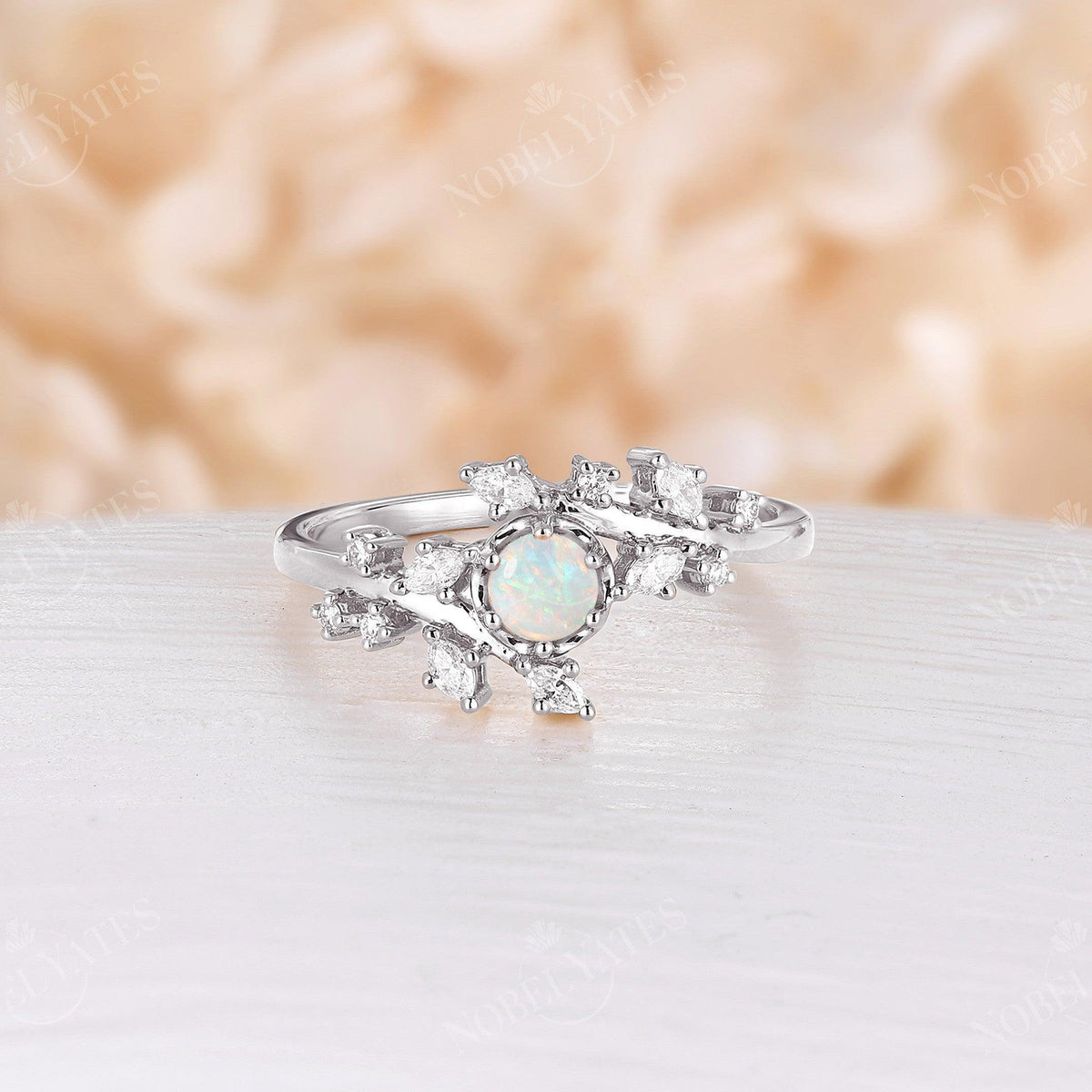Round White Opal Engagement Ring Leaf Design Rose Gold