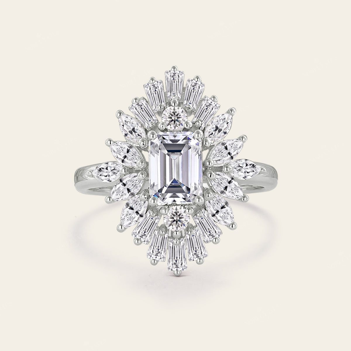 Emerald Cut Moissanite Art Deco Engagement Ring Unique Halo Rose Gold