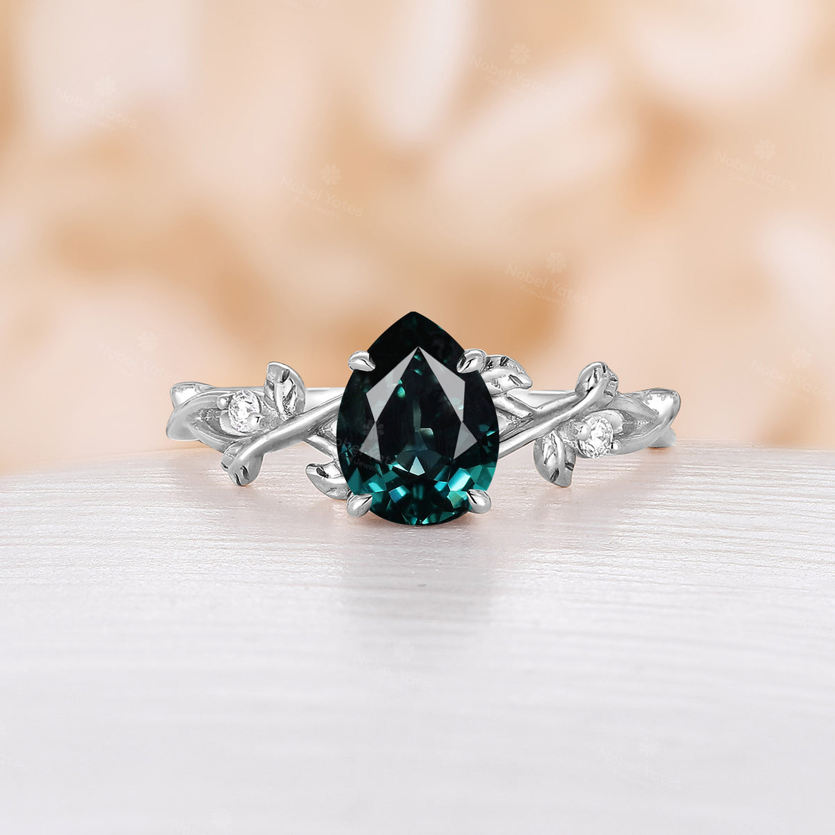 Teal Sapphire Pear cut Engagement Ring Leaf Design Rose Gold