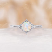 Vintage White Opal Bead Engagement Ring Half eternity Rose Gold