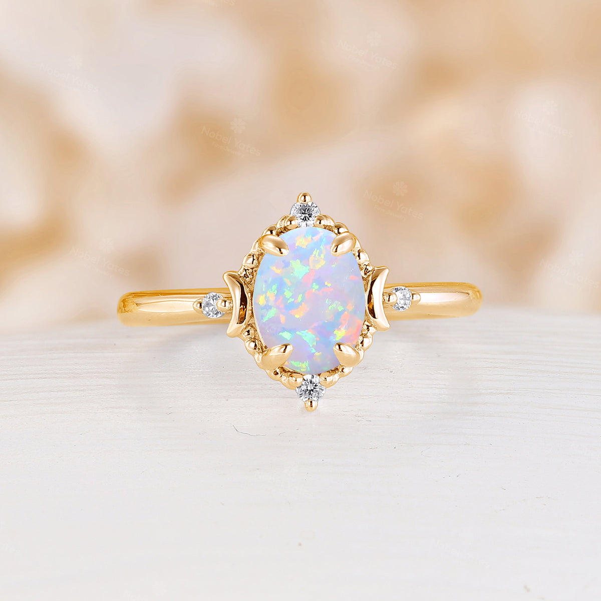 Celestial Oval Natural White Opal Rose Gold Engagement Ring