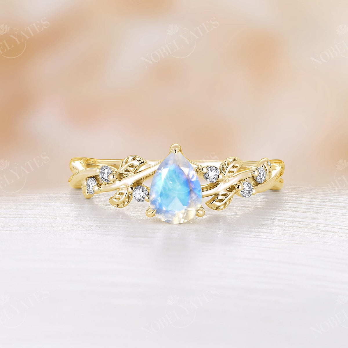 Pear Cut Moonstone Nature Inspired Branch Leaf Engagement Ring Rose Gold