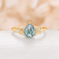 Nature Pear Cut Moss Agate Leaf Diamond Cluster Engagement Ring
