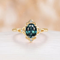 Oval Shape Teal Sapphire Engagement Ring Celtic Knot Rose Gold Band