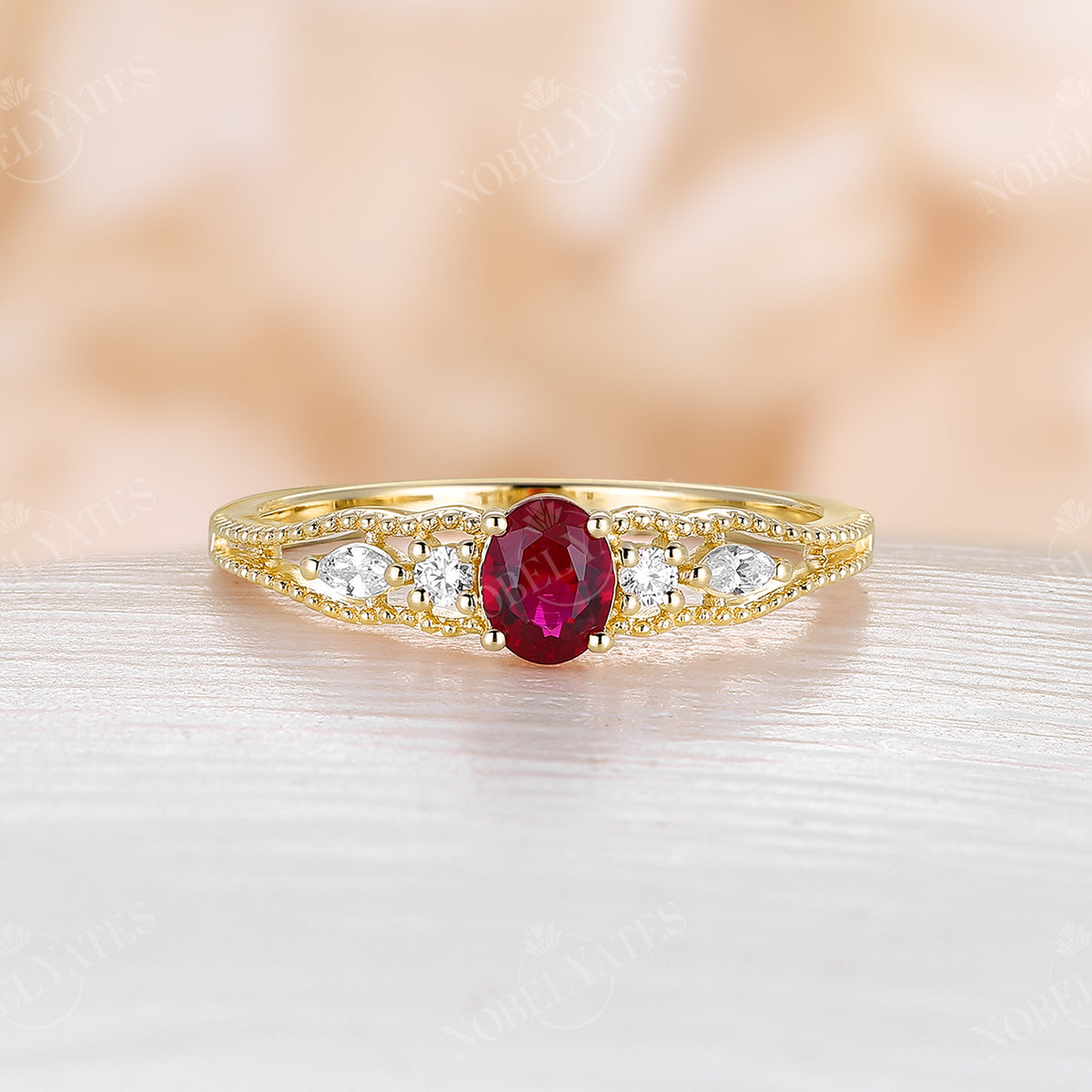 Vintage Oval Lab Ruby Milgrain Engagement Ring Rose Gold