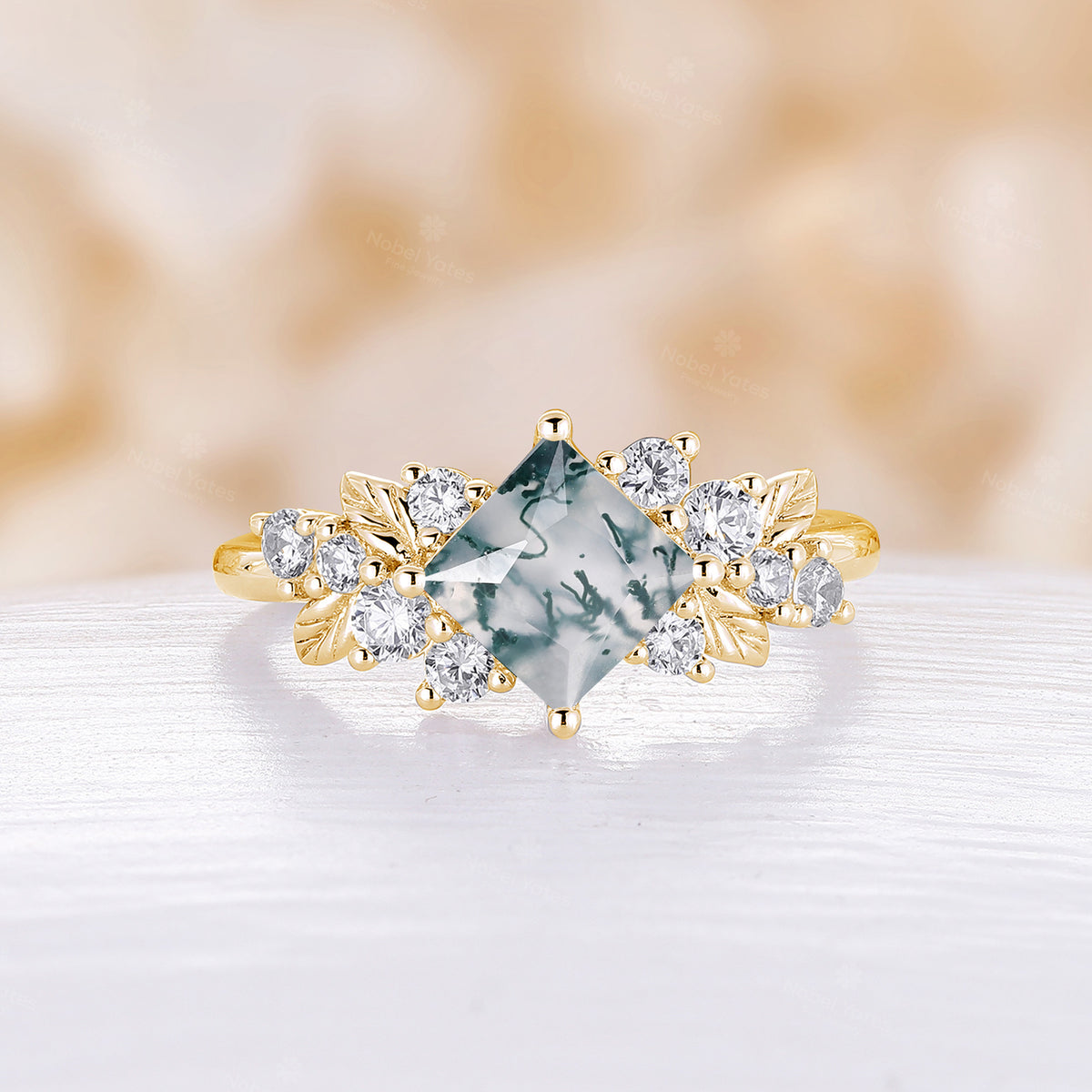 Princess Cut Nature Inspired Moss Agate Cluster Engagement Ring