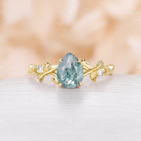 Pear Lab Emerald Leaf Design Diamond Engagement Ring Yellow Gold