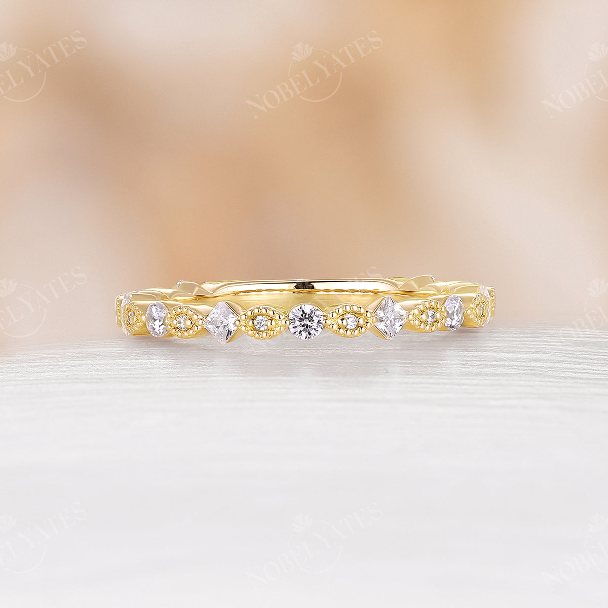 Milgrain Dainty Princess Diamond Wedding Band Half Eternity