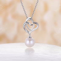 Double Heart Akoya Pearl Pendant Elagant Necklace White Gold