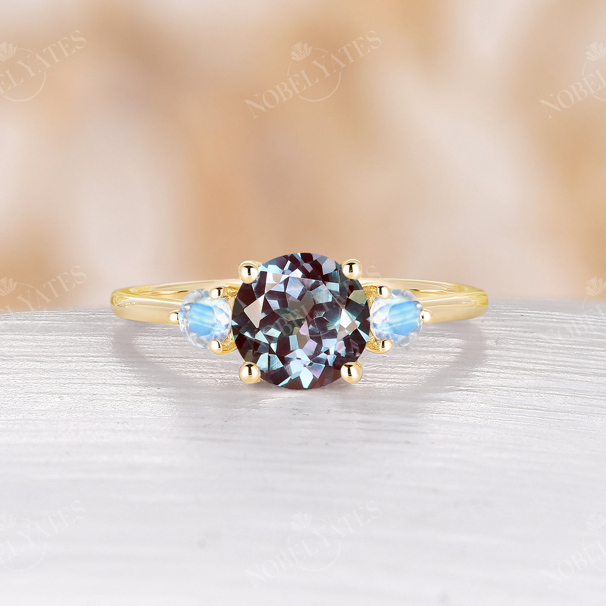 Classic Lab Alexandrite Rose Gold Three Stone Engagement Ring