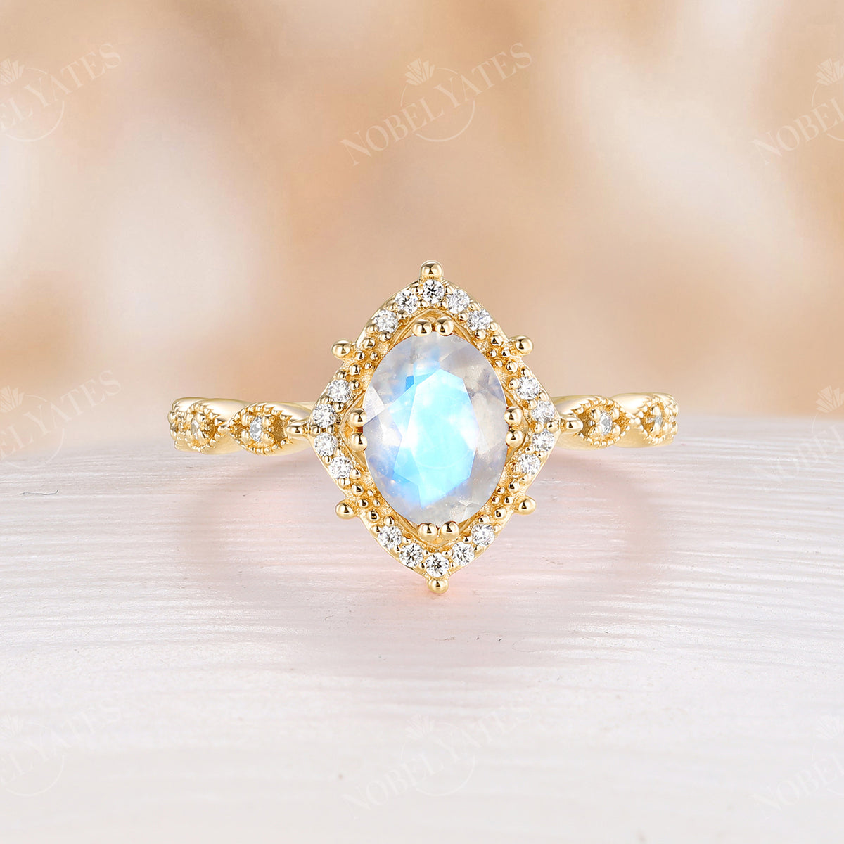 Blue Moonstone Oval Vintage Rose Gold Engagement Ring Halo