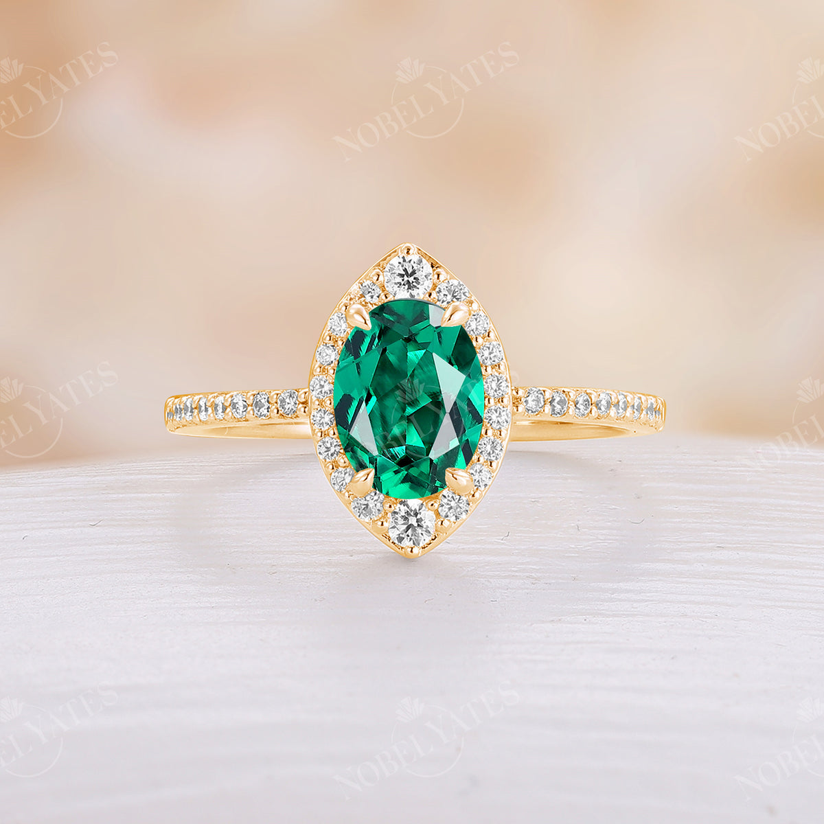 Lab Emerald Yellow Gold Engagement Ring Moissanite Halo Pave