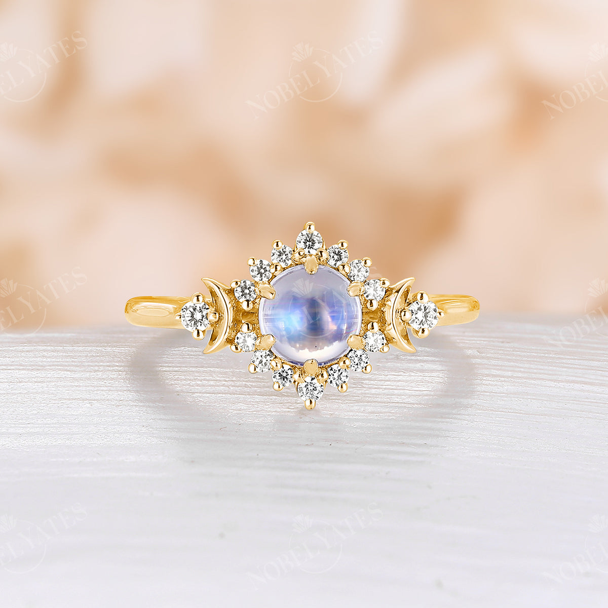 Celestial Moon White Opal Rose Gold Halo Engagement Ring