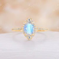 Claw Prong Oval Moonstone Engagement Ring Moissanite Halo Pave Band
