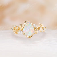 Natural White Opal Pear Cut Engagement Ring Leaf And Moissanite Band