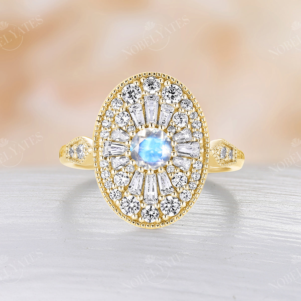 Art Deco Diamond Cluster Oval Moonstone Rose Gold Milgrain Engagement Ring